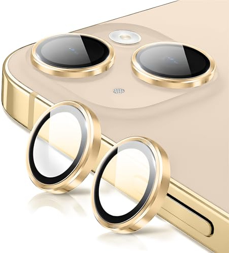Oelrstfe Pellicola Fotocamera per iPhone 14/14 Plus,Posteriore Obiettivo Protezione Vetro Temperato,HD Trasparente Lente Schermo,Durezza 9H Anti-graffio Ultra Resistente Glitter Camera,Oro