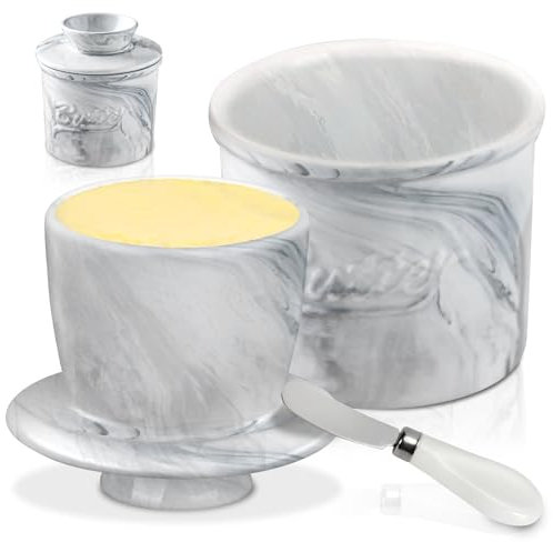 WIYETY Beurrier français, en céramique, refroidi à l'eau, avec ligne d'eau, cloche à beurre avec couvercle pour beurre frais et tartinable (couleur marbre)