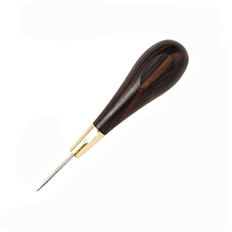 Alêne de couture en cuir avec manche en bois noir en ébène en forme de diamant pour projets de bricolage (poinçon circulaire, 1 pièce)