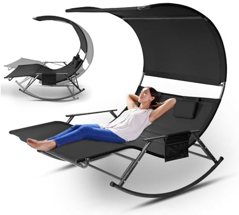 ISOISL Doppelliege Outdoor,sonnenliege für 2 Personen, mit Sonnendach, Tasche, doppel Schaukelliege bis 250 kg, Atmungsaktives Gewebe, Vielseitige Farbwahl für Garten, Balkon, Terrasse(Schwarz)