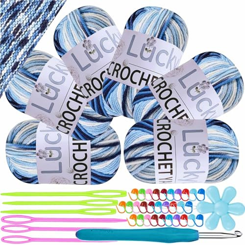 Crochet Yarn Double Knitting Wool (6X50g), Multicoloured Acrylic Yarn Crochet Wool with Aluminum Crochet Hooks Stitch Markers for DIY Craft Blankets Socks Dolls (Black White Blue)