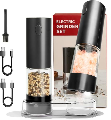 XXFLOWER Set di macinapepe elettrico ricaricabile USB con stazione di ricarica, meccanismo in ceramica, 5 livelli di macinazione regolabile, illuminazione a LED e 95 ml, ideale per cucina e barbecue