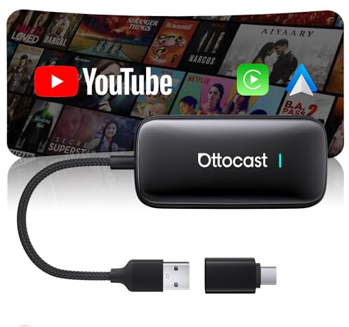 OTTOCAST Play2Video Ultra 2026 AI Box, Adaptador CarPlay & Android Auto Inalámbrico, Youtube DAZN Spotify, WiFi 6, 4GB+32GB Plug & Play para Coche con CarPlay por Cable Desde 2016