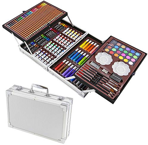 ArtBoss 145-Piece 2 Layers, Kids Art Set Studio Supplies for Drawing, Painting, Portable Aluminum Case Art Kit for Kids, Teens, Adults Great Gift for Beginner and Serious Artists (Silver)