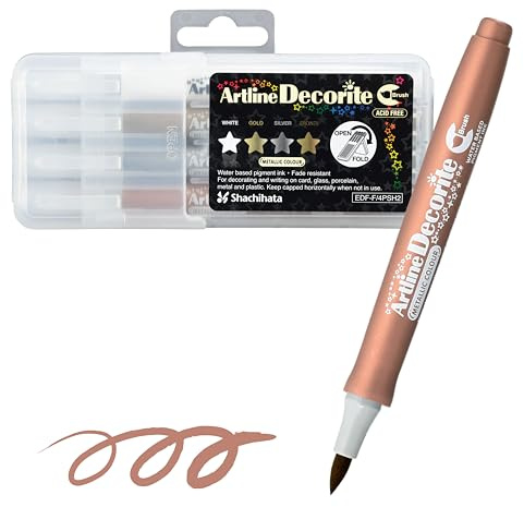 Artline Shachihata Decorite, Coloring Brush Tip Markers, Metallic Colors, White, Gold, Silver, and Bronze, Fast Drying Ink, Brush Style Nib - 4 Pack