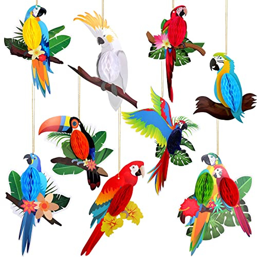 Spakon 9 Pieces Tropical Birds Honeycomb Paper Cutouts Rio Luau Party Hanging Decorations Rainforest Hanging Paper Birds Hawaiian Parrot Honeycomb Cutouts for Luau Party Decor