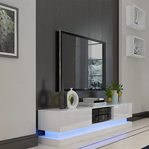 NAIMP TV Stand Cabinet Unit White 160cm With 16 Color RGB LED Lights for 43 50 55 60 65 inch 4k TV, Modern High Gloss Door & Matt Body TV Cabinet TV Unit & 2 Drawers Storage for Living Room