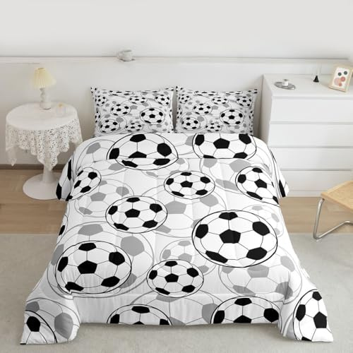 Feelyou Football Comforter Set Soccer Ball Sports Pattern Bedding Bed Set for Kids Boys Girls Sports Theme Comforter Inner Fill Ball Competition Games Quilt Set Bedroom Collection 3Pcs Queen Size