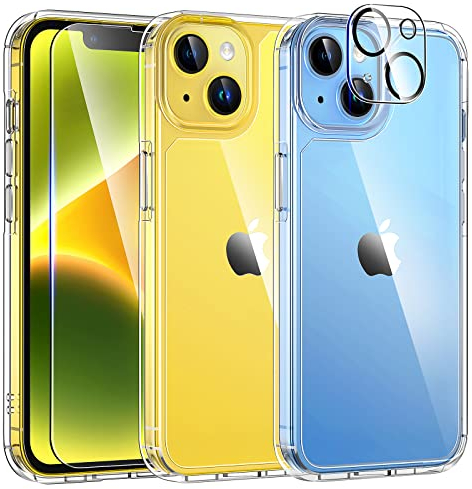 TAURI für iPhone 14 Hülle 6,1 mit Panzer Schutz Glas Folie, Schutz nach Militärstandard, [Anti-Vergilbung] Stoßfest Transparent Handyhülle - Durchsichtig