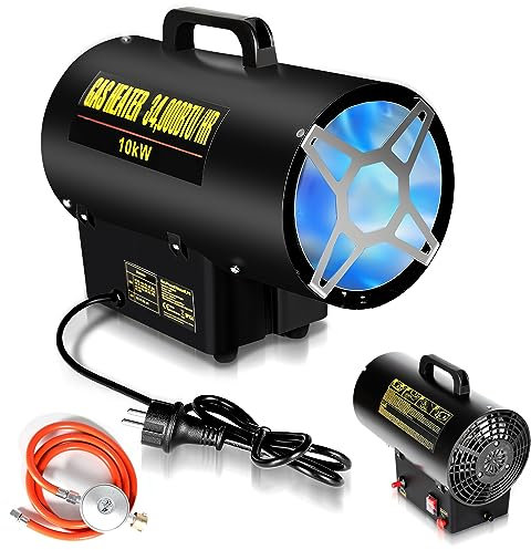 Ikodm Calefacción de gas para interiores, 10 kW, 220 V, calentador de gas, ventilador de gas propano 320 m³/h, caudal de aire, con manguera de gas de 1,2 m y válvula reductora de presión de 700 mbar