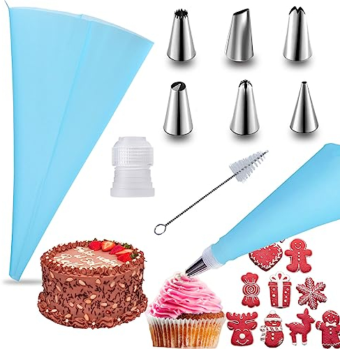 FlyWave Spritzbeutel Tüllen 9 Stück, 14 Zoll Spritzbeutel Wiederverwendbar, 6 Edelstahl-Spritztülle, Adaptern, Reinigungsbürsten, Spritzbeutel Set Geeignet Dekorieren Von Kuchen, Keksen Cupcakes