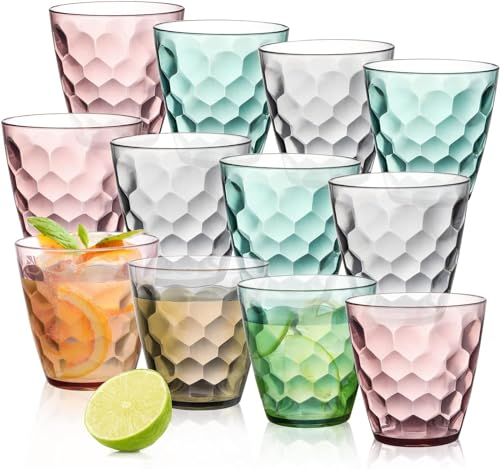 Lawei 12 vasos de agua de plástico, vasos de plástico de 300 ml, vasos reutilizables para cena, hogar, fiesta de cumpleaños