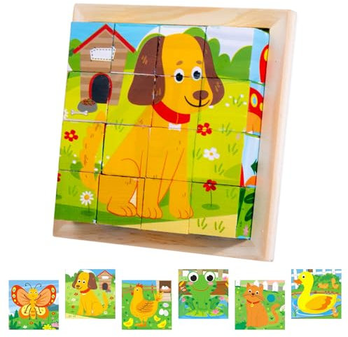 Würfelpuzzle Holz, Bilderwürfel Holz, 3D Bilderwürfel Puzzlespiele 6 in 1 Würfelpuzzle, Lernspielzeug Holzspielzeug für Kinder ab 1 2 3 4 Jahren, Montessori Stapelspiele für Kinder Jungen Mädchen