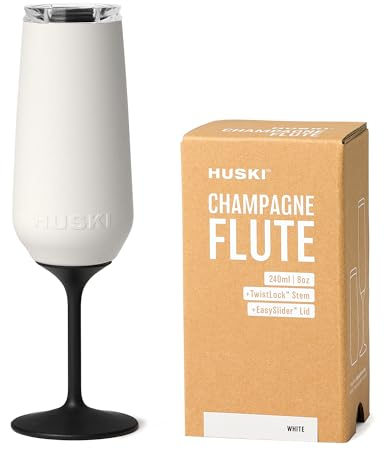 Huski Champagnerflöte | NEU | Preisgekröntes Design mit abnehmbarem Stiel | Premium Champagnerglas aus Edelstahl mit Deckel | Dreifach isolierter Becher | 240ml Fassungsvermögen (Weiß)