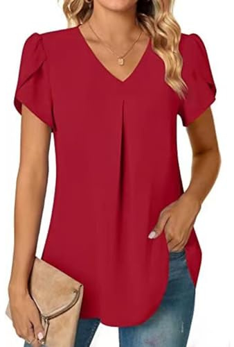 SHEKINI Damblus sommar elegant v-ringad skjorta damer kortärmad tunika skjorta topp flytande volangärmar chiffong toppar lediga blusar, röd, S