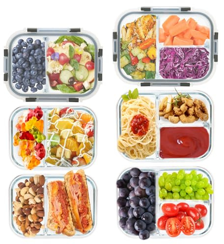 GULFLIN 2 & 3 Compartment Meal Prep Containers - Glass Food Storage Lunch Containers with Lids, Bento Box, Portion Control, Freezer to Microwave Safe