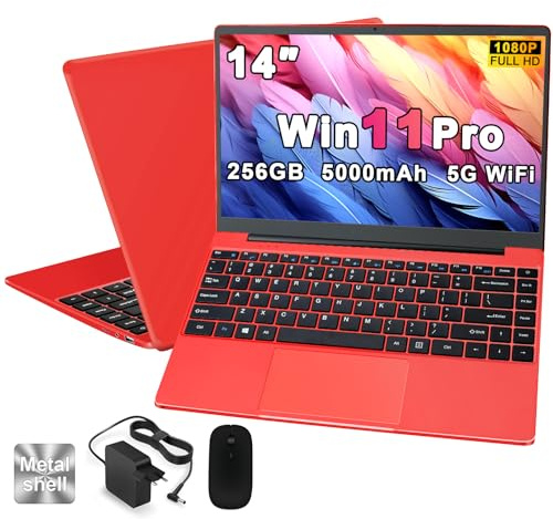 PC Portatile Computer Portatile Win11 Notebook 14 Pollici 6GB 256GB SSD Expansion 1TB, Laptop Celeron N4020 fino a 2.8GHz, 5000mAh 5G WiFi, BT4.2 Supporto Mouse Wireless & Protezione Tastiera -Rosso