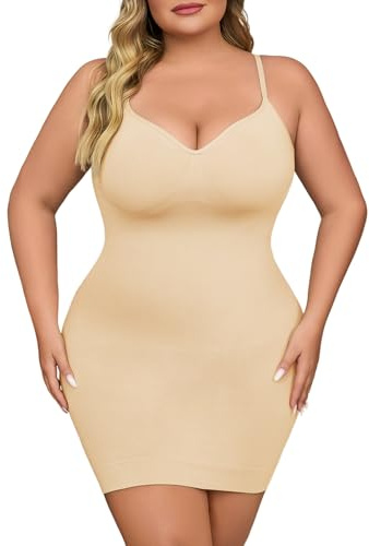 USEASY Shapewear Slip Dress for Women Under Dress Seamless Tummy Control Slip Dress Plus Size Smoothing Cami Dress Slips Beige 3XL