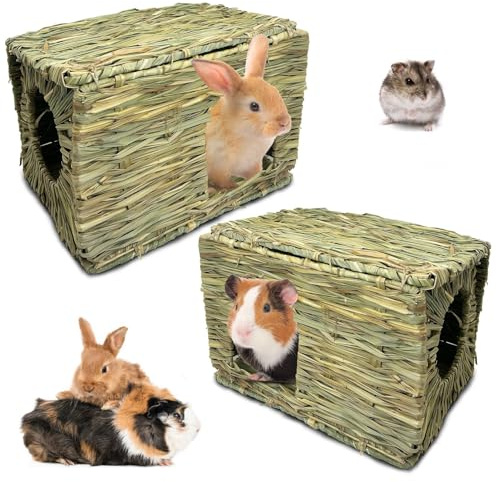 Hamiledyi 2 Pack Large Rabbit Grass House Hand Woven Natural Bunny Hut