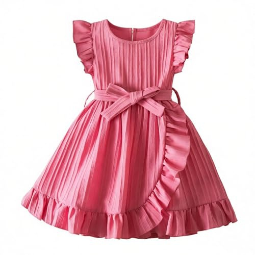 JiAmy Filles Robes Côtelées À Volants Costume Manches Flottantes Couleur Unie A Ligne Robe pour Enfants pour Enfants de 7 à 8 Ans, Rose