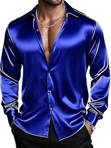 Barry.Wang Silk Shirts Men's Satin Button Down Stretch Luxury Shiny Prom | Stretch Solid,Shiny Satin,Long Sleeve,Button Up,Dress,Formal,Casual,Business Shirts,70s,Disco Party, Nightclub,Prom Party
