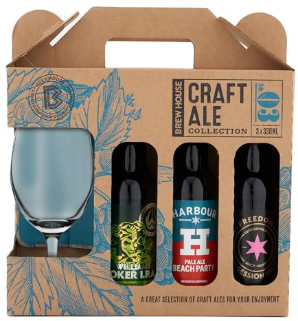 Brew House Craft Ale Collection. Including 3x 330ml bottles of Craft Ales with a Chalice Glass. Williams Bros, Harbour Brewing, Freedom Brewing. Perfect for Christmas and Birthdays by Blue Tree Gifts