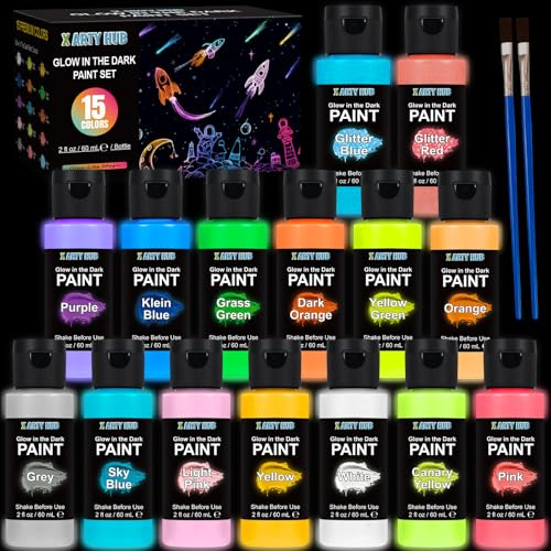 X ARTY HUB Glow in the Dark Färg, 15 Akrylfärger (60 ml/flaska) med 2 Penslar, UV Fluorescerande Blacklight Färg Set för Tyger, Stenar, DIY Projekt, Väggkonst, Utomhusdekor