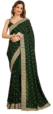 TRENDMALLS K1216-Dark Green Sari avec broderie en soie pour femme avec chemisier non cousu