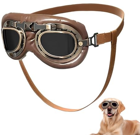 CHUANFU Retrò Occhiali per Cani, Occhiali da Sole Cane con Cinturino Elastico Regolabile, Protezione UV, Antivento Sunglasses per Cane di Taglia Medio Grande Attività Aperto, Marrone