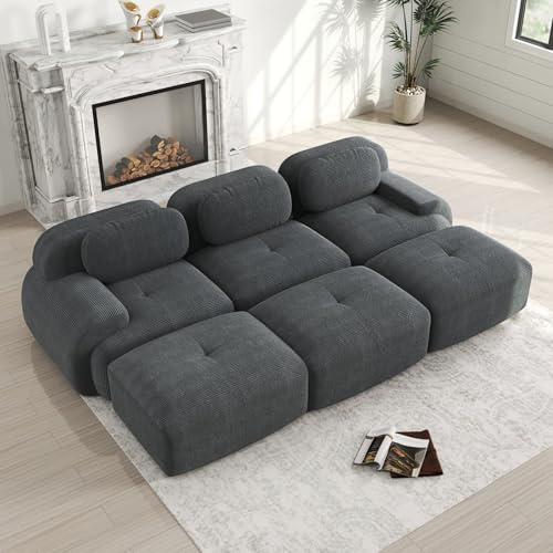 EURHCIO Canapé 3 Places en Velours Côtelé,Canapé Modulable avec 3 Poufs