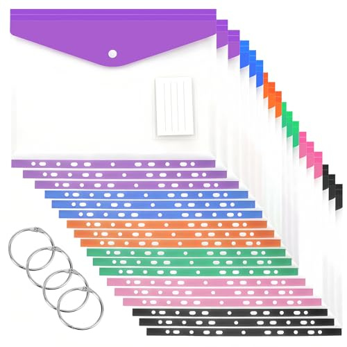 18 Pack Plastic Wallets A4 Punched Pockets, Expandable Folders for Paperwork A4 with Snap Button, Label Pocket & Ring Binders, Ideal Binder Folder for School Office Home