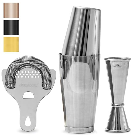 A Bar Above Cocktail Shaker Set, 4-Piece Professional Bartender Kit with Boston Shaker, Strainer and Jigger, Stainless Steel Bar Accessories for Craft Cocktails, Silver