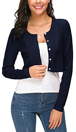 EXCHIC Femmes Manches Longues Bolero Court Cardigan Collier Rond Tricot Gilets Sweaters avec Boutons