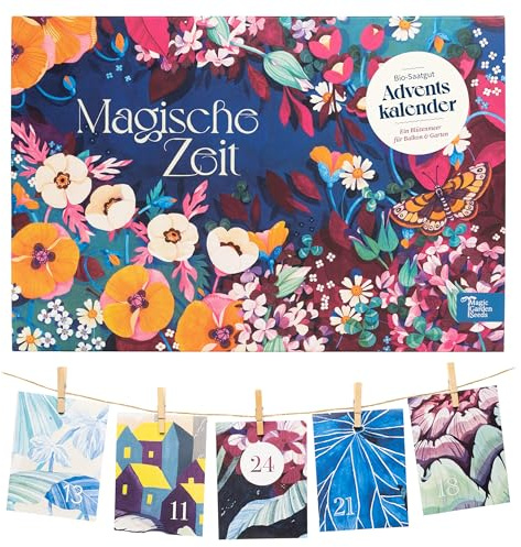 Tiempo mágico- Calendario de Adviento de semillas orgánicas- Un mar de flores silvestres 24 bolsas de papel para calendario de adviento con semillas de flores de Magic Garden Seeds