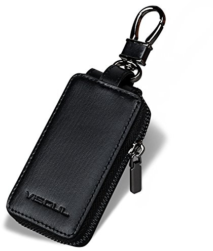 VISOUL Echt Leder Schlüsselanhänger Schlüsseltasche Auto Schlüssel Anhänger Antik Vintage Karabienerhacken Tasche Reißverschluss A02 Schwarz