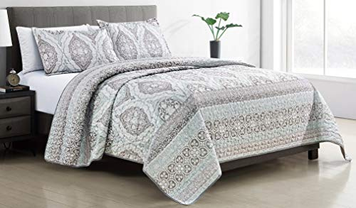 Grand Linen - 3-Piece Fine Printed Oversize (118 X 95) Quilt Set Reversible Bedspread Coverlet (California) Cal King Size Bed Cover (Aqua Blue Green, Light Grey Brown Floral Medallions)