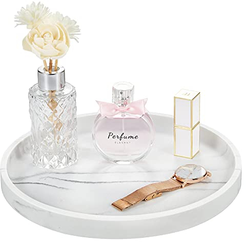 Emibele Vanity Tray, Resin Round Tray Decorative Storage Organizer for Bathroom Toilet Tank Bedroom Kitchen Countertop, Jewelry Storage Dresser Tray for Candle, Lotion Bottle, Cosmetics, Gravel White