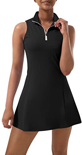 Vestito da tennis da donna, vestito da tennis da golf con pantaloncini e tasche integrati, per allenamento senza maniche, abiti sportivi