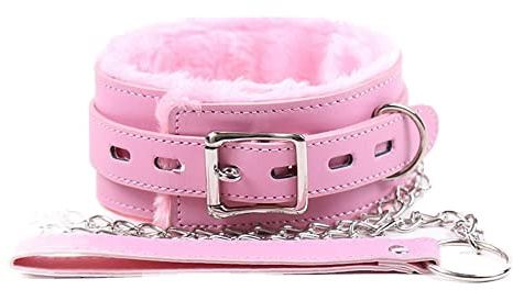 Roiz Collar de Felpa de Cuero, Collar de Bloqueo con Cadena de Metal para Tirar-Rosa