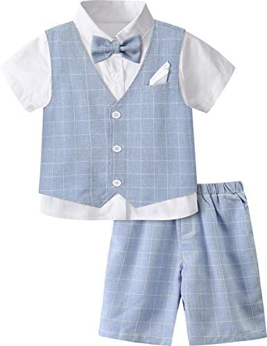 mintgreen Niño Traje Chico Boda Caballero Ropa Formal Manga Corta Camisa Pantalones Chaleco Pajarita Pañuelos Bolsillo Fije, Azul, 10-11 Años, 150