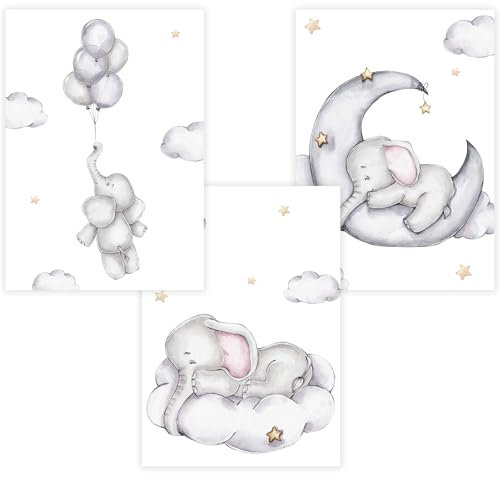 WANDKIND Kinderzimmer Poster Set Premium P707 / Elefant kuschelig Babyzimmer Wandbild Wandbilder (A5-14,8 x 21,0 cm, Ohne/Without)