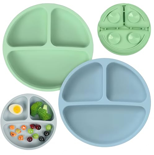 Baby Plates with Suction - 2 Pack Silicone Divided Plates for Toddler Kids Self Feeding - Non Slip, Suitable for High Chairs Tray and Tables - Portable (Blue+Green)