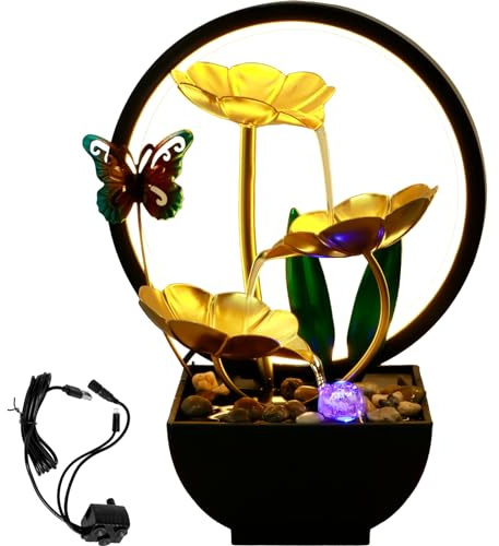 Indoor Tabletop Water Fountain with Natural Rocks and LED Ring Lights, USB Powered Resin MeditationTabletop Fountain Zen Relaxation Water Fountain Tabletop Humidifier for Home Office Bedroom