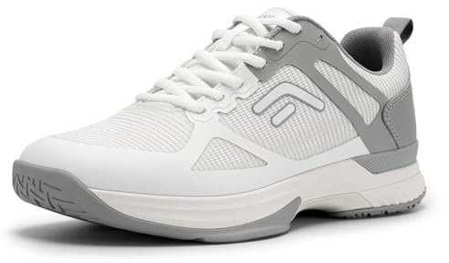 FitVille Herren Tennisschuhe Extra Weit Sportschuhe rutschfeste Hallenschuhe Atmungsaktive Badminton Schuhe Bequeme Fitnessschuhe Sneaker für Breite Füße,Weiß mit Grau,44 EU,Weit