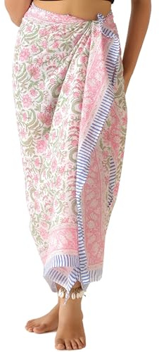THE ART BOX 100% Cotton Sarong Coverup for Women Indian Hand Block Print Swimsuit Pareo Wrap Skirt Beach Bikini Cover Up Long (73 x 43)