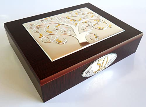 Generico 50° ANNIVERSARIO DI MATRIMONIO IN ARGENTO cm9x4 NOZZE D'ORO L'ALBERO DELLA VITA IN ARGENTO cm18x13 PORTAGIOIELLI PORTAGIOIE COFANETTO IN LEGNO cm24x20x6 MADE IN ITALY -> TUO IN 24/48h