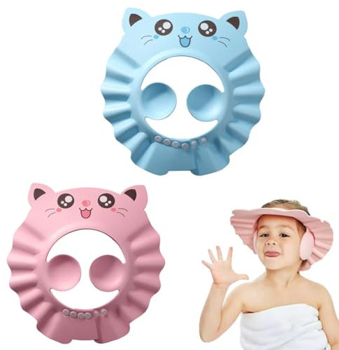 PYRUVAE 2 Piezas Gorro Ducha Niños, Sombrero Baño Bebé, Ajustable Visera Baño Niños, Gorro Champu Bebé, Gorra Ducha Bebé Impermeable, Visera Baño Bebé, Protege Los ojos y las orejas(Rosa+azul)