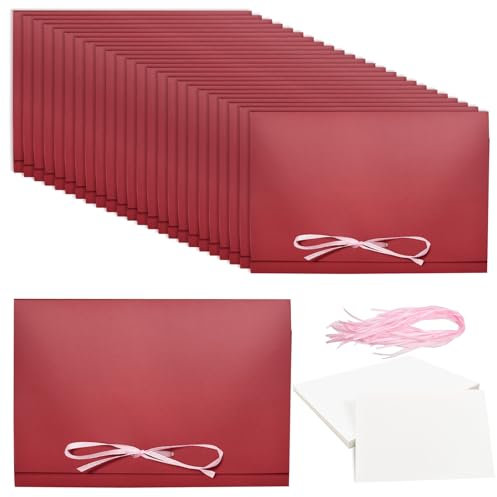 Yiomxhi 25 Stück Briefumschläge mit Blanko Karten und Schleife Verschluss, Umschläge aus Papier, Briefkuvert Vintage Kuvert für Hochzeit Einladung Dankeskarten Grußkarten, Rot