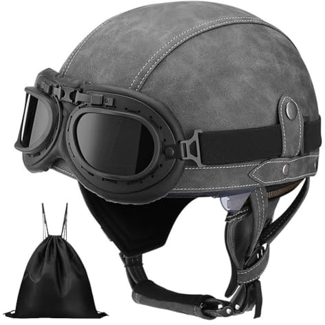 Uueybsg Deutsche Retro Motorrad Halbhelme, Leder Vintage Jethelm mit Visier Halbschalenhelm mit ECE, Motorradhelm Cruiser Chopper Roller Mofa Moped Scooter Helm für Erwachsene Herren Damen