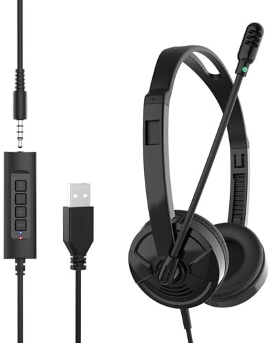 PLCPDM Casques USB avec microphone et bandeau réglable pour les cours en ligne, la maison, le bureau, casque confortable à porter